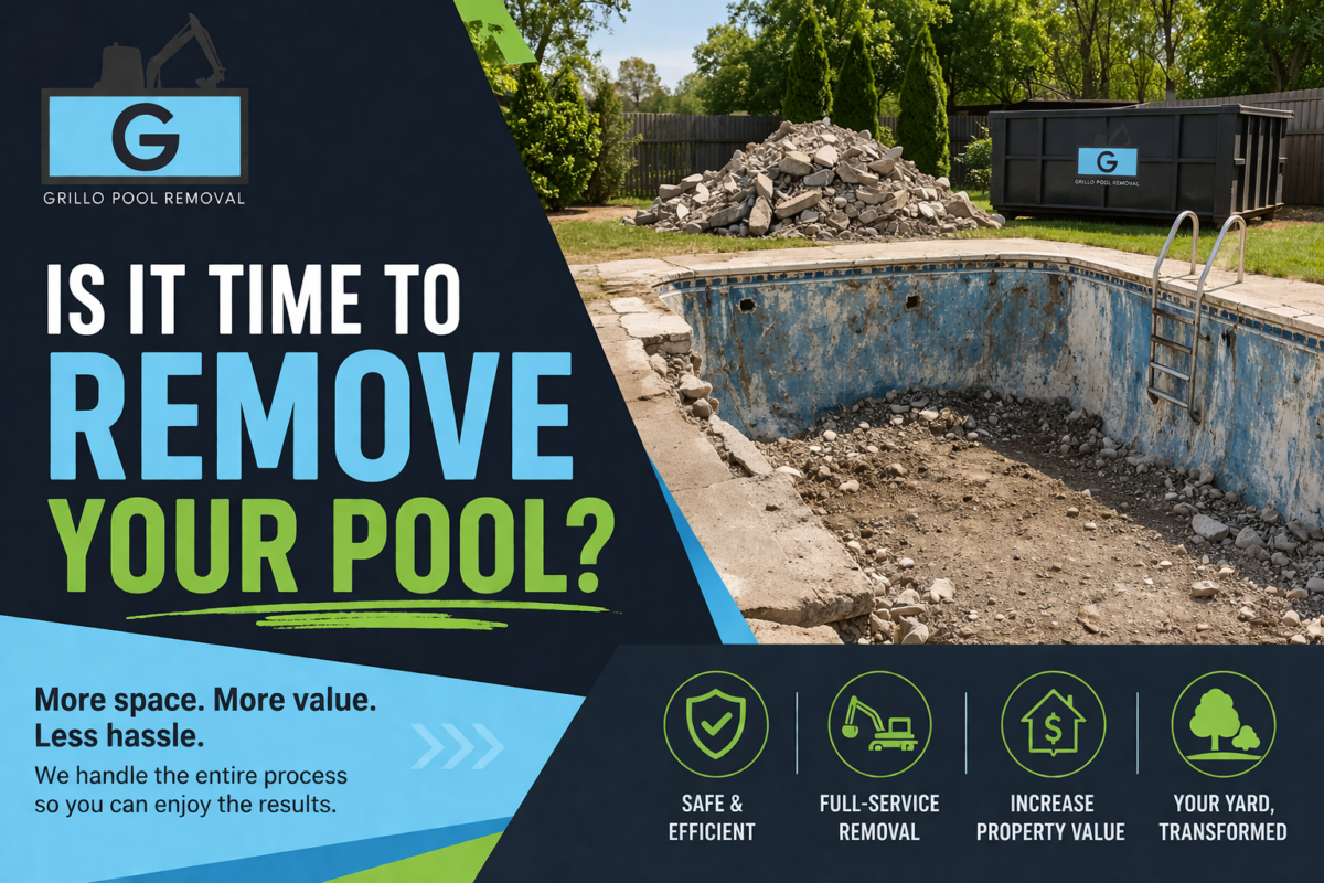 Grillo Pool Removal featured image showing an old, deteriorated in-ground swimming pool beside a pile of broken concrete and a dumpster, with bold text asking “Is It Time to Remove Your Pool?” in the brand’s blue and aqua color scheme.