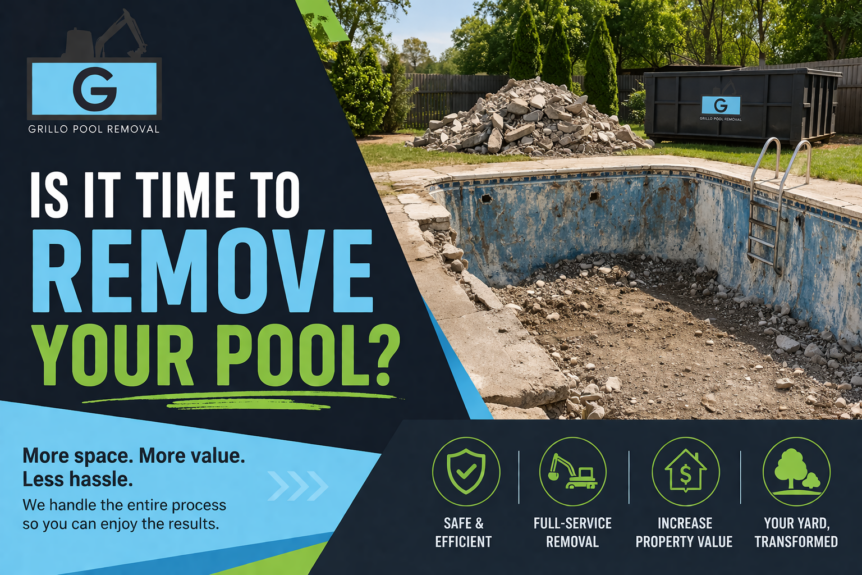 Grillo Pool Removal featured image showing an old, deteriorated in-ground swimming pool beside a pile of broken concrete and a dumpster, with bold text asking “Is It Time to Remove Your Pool?” in the brand’s blue and aqua color scheme.